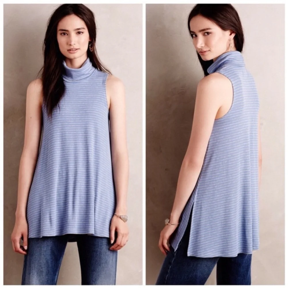 Anthropologie Puella Striped Blue Grey Gray Sleeveless Turtleneck Top Women’s M - Picture 1 of 15